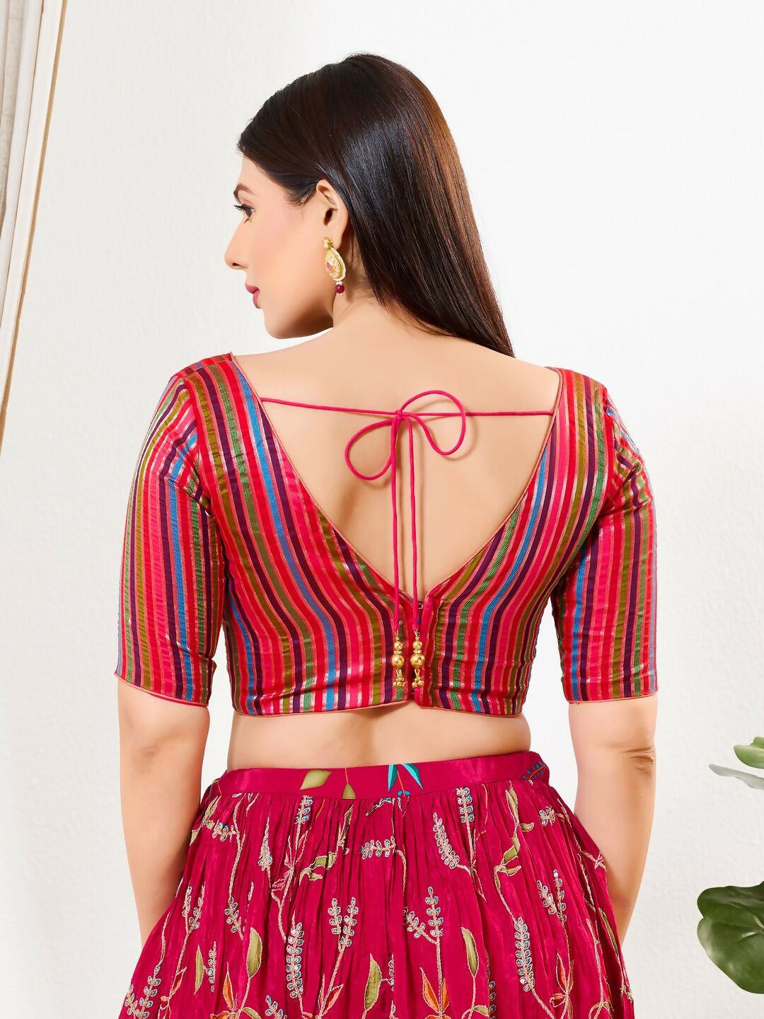 Joban Fashion Pink Multi Brocade Padded Blouse With V Neck Elbow Sleeves