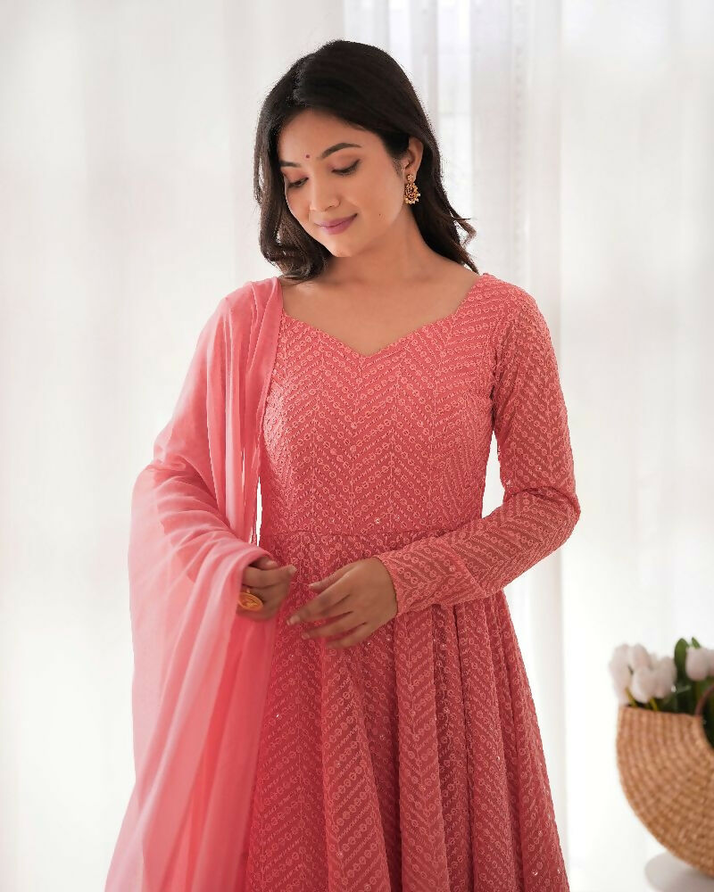 Joban Fashion Peach Kurta Set Georgette Sequence Embroidery Work