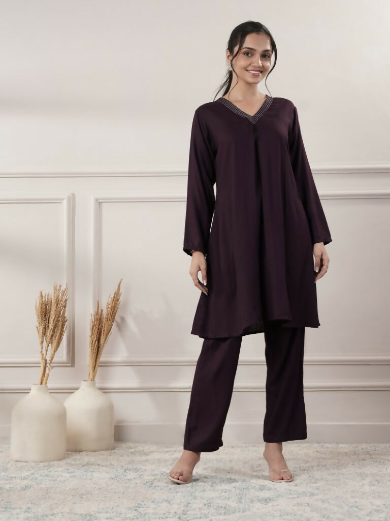 Joban Fashion Women's Rayon Wine V-Neck Co-Ord Set With Pant