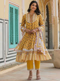 Juniper Women's Mustard Cotton Voile Floral Printed Kurta With Cambric Straight Pant And Voile Duptta