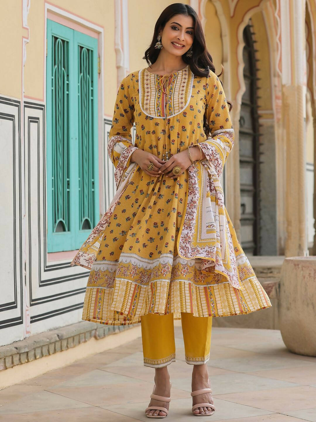 Juniper Women's Mustard Cotton Voile Floral Printed Kurta With Cambric Straight Pant And Voile Duptta