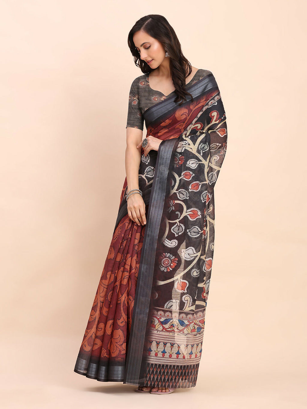 Shree Shyam Fashion Linen Cotton Maroon Saree