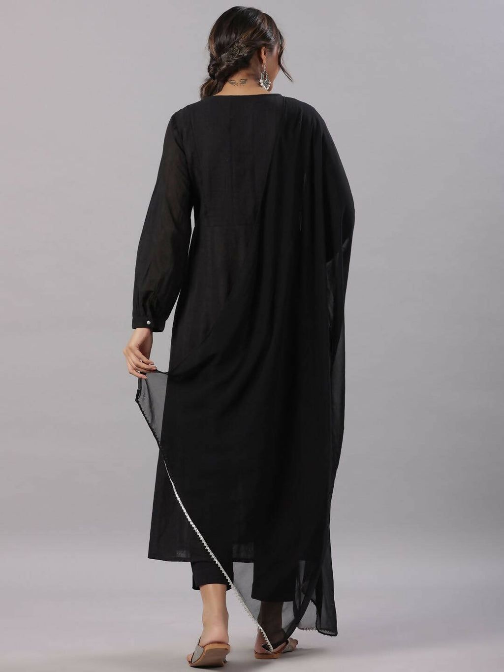 Juniper Women's Black Cotton Dobby Solid With Embroidery Flared Kurta Sets