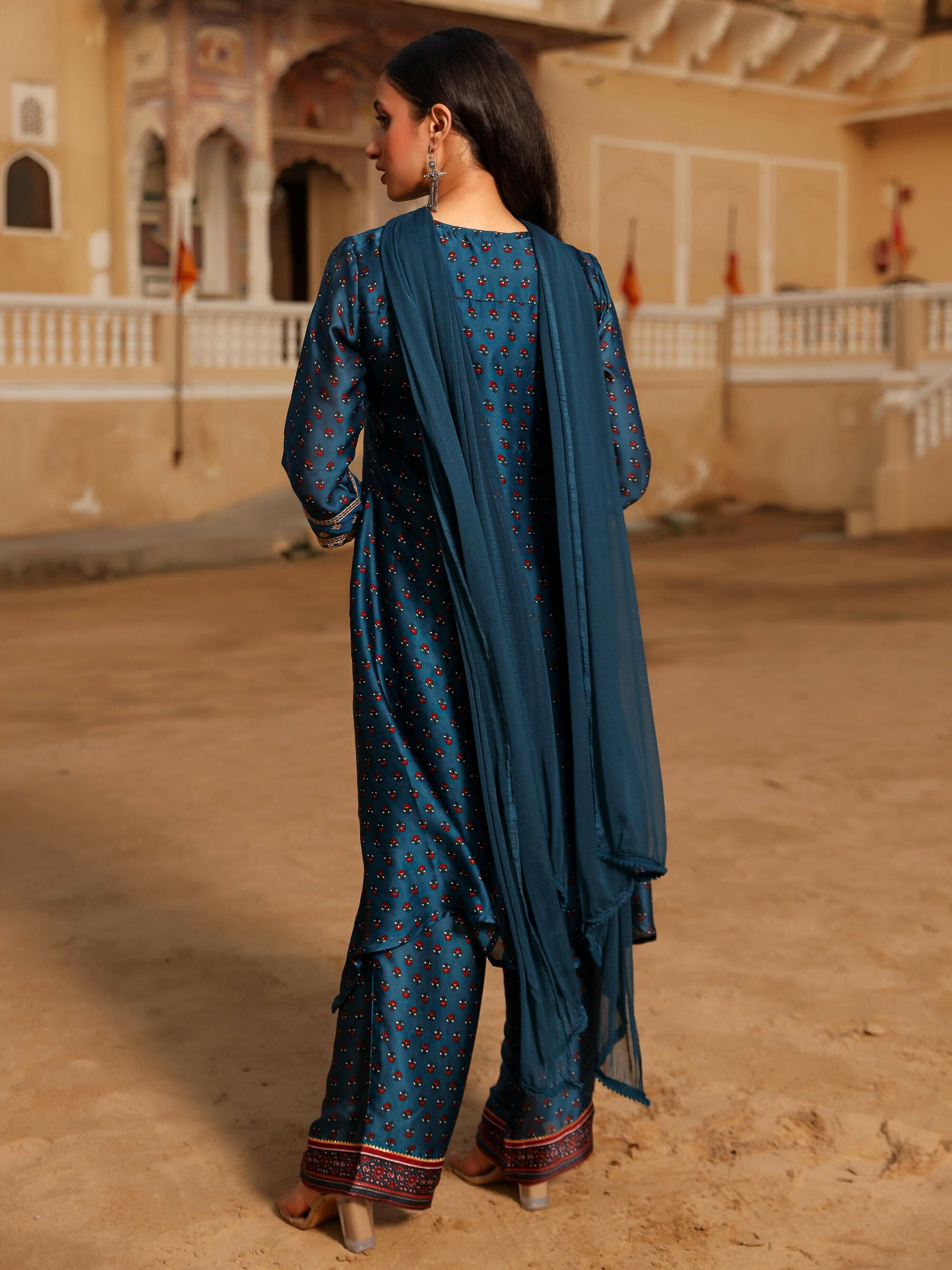 Juniper Women's The Swarn Blue Ethnic Motif Printed Satin Kurta Pant And Dupatta With Zari & Mirror Work