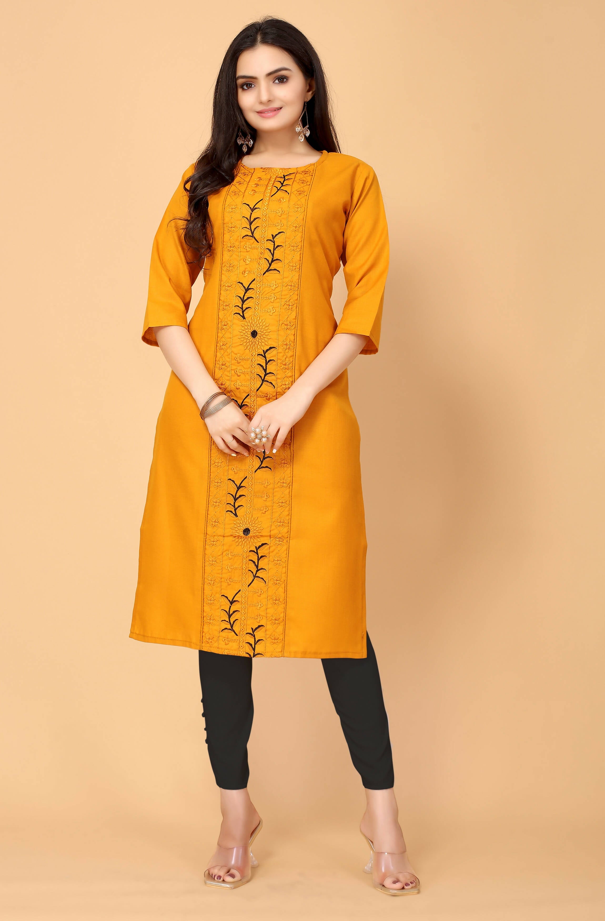 Musterd Cottan Slub Embroidery Kurti - Umi