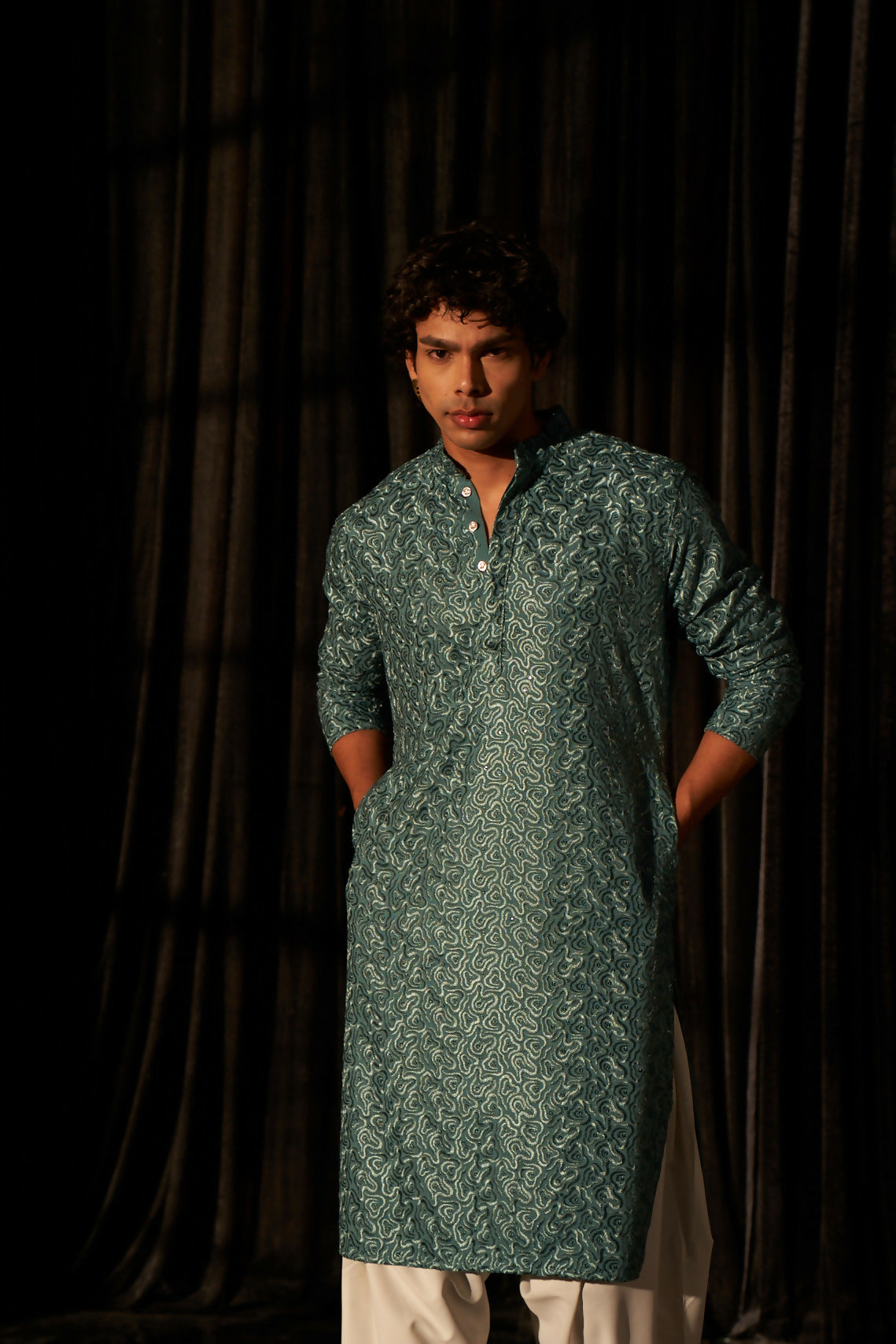 Cyan Blue Viscose Chikankari Embroidery Work Men's Kurta Set - Mahotsav