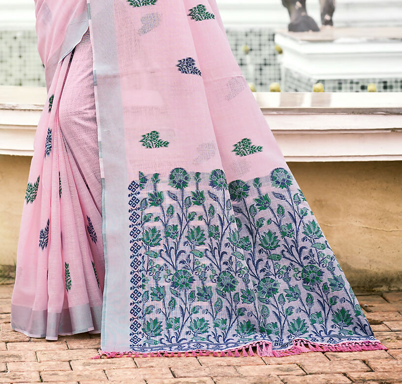 Sangam Prints Light Pink Linen Woven Work Traditional Saree