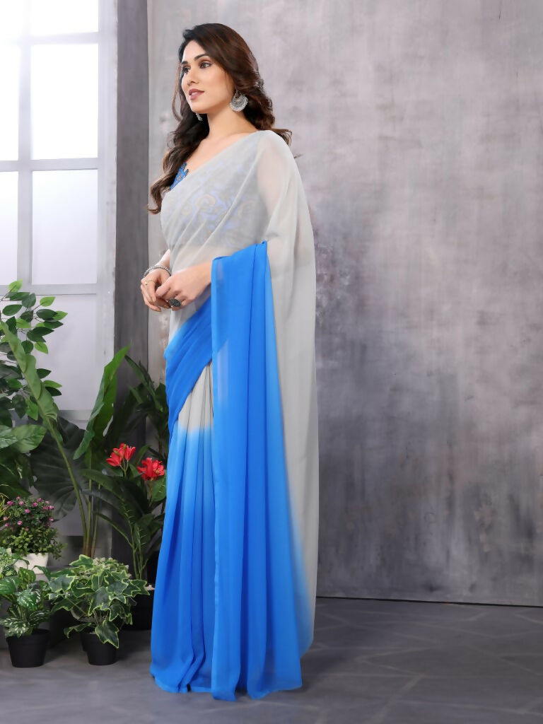 Partywear Designer White & Sky blue Georgette Fancy Saree - Satrangi
