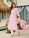 The52 Pink Women's Beautiful Printed Silk Blend Fabric with Straight Kurta, Pant and Dupatta Set