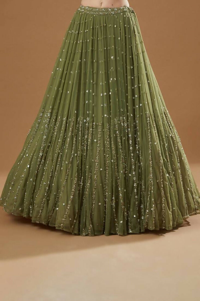 Jyoti Fashion Glamorous Olive Green Zari and Thread Embroidered Georgette Lehenga Choli with Dupatta