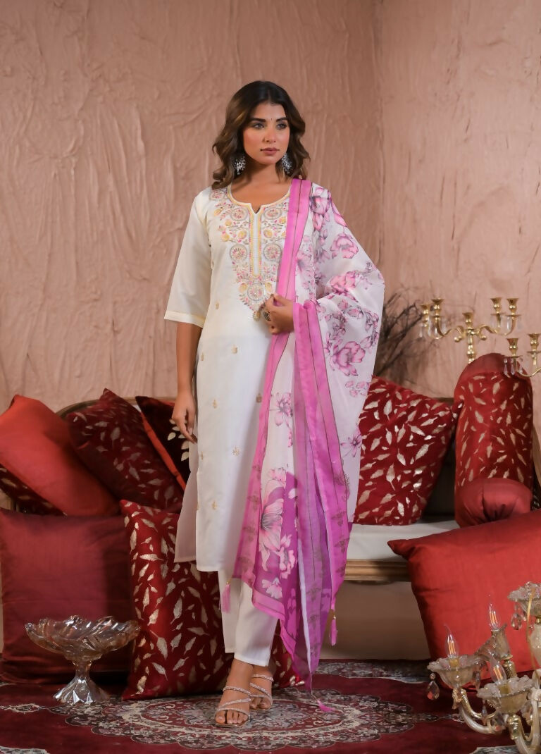 Ethnic Festive Wear Viscose Chanderi White Stitched Suit With Dupatta - Tanisha