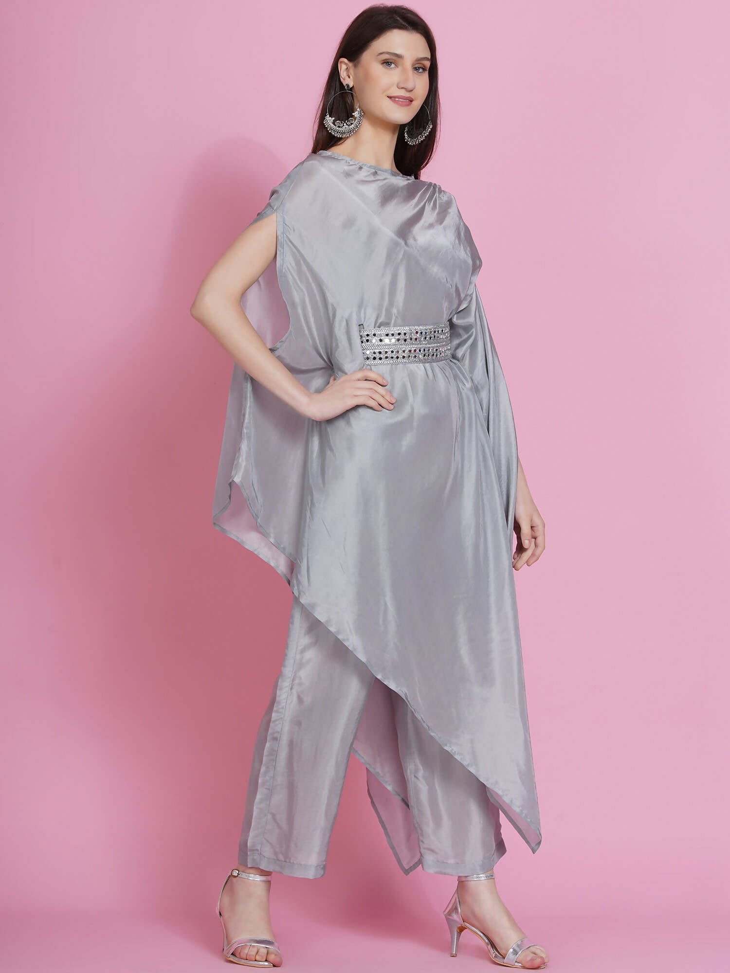 Women Republic Grey Opara Silk Kurta With Belt And Palazzo