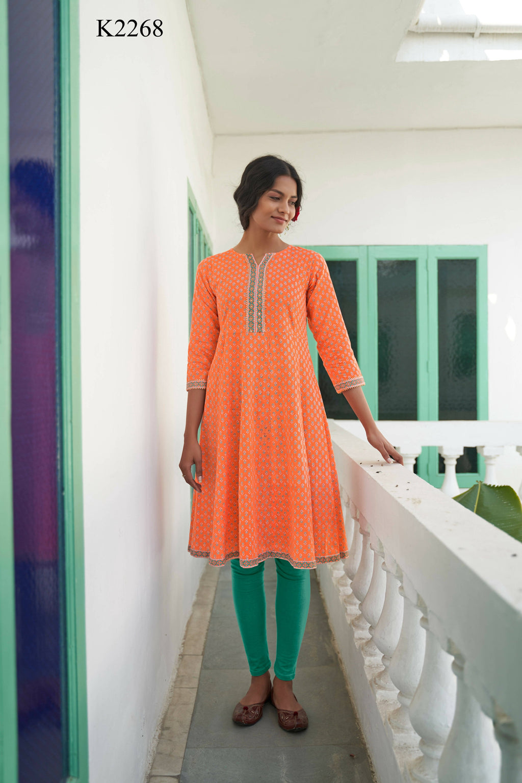 Orange Cotton Floral Printed A line Kurta - Prasuti