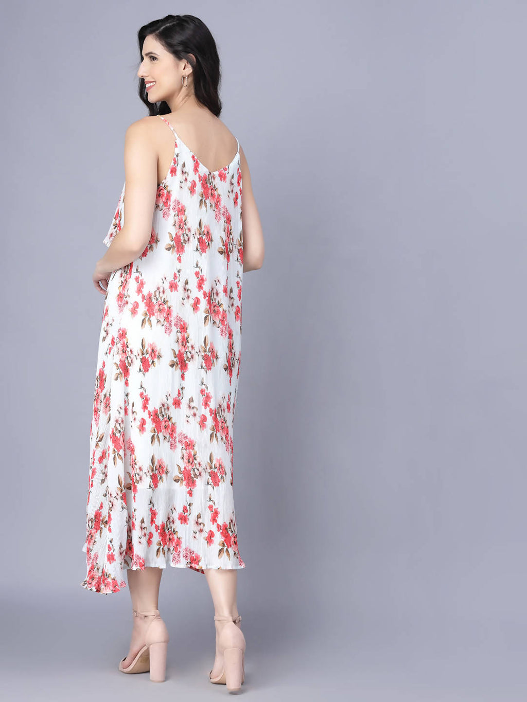 Myshka White Red Floral Layered Midi Dress