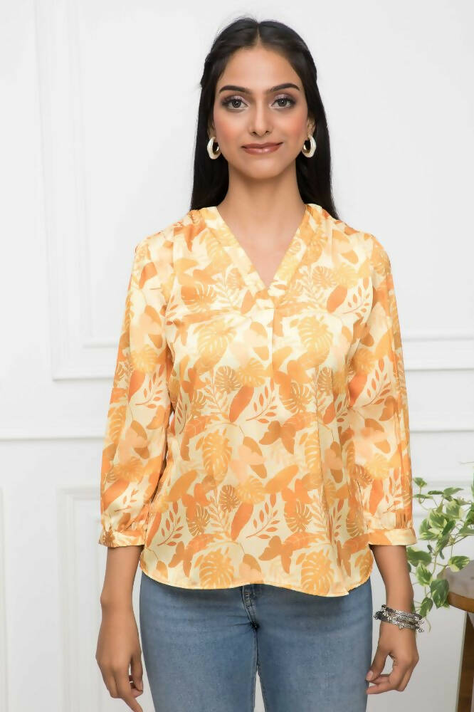 Myshka Women Floral V-Neck Regular Sleeves Polyester Mustard Top