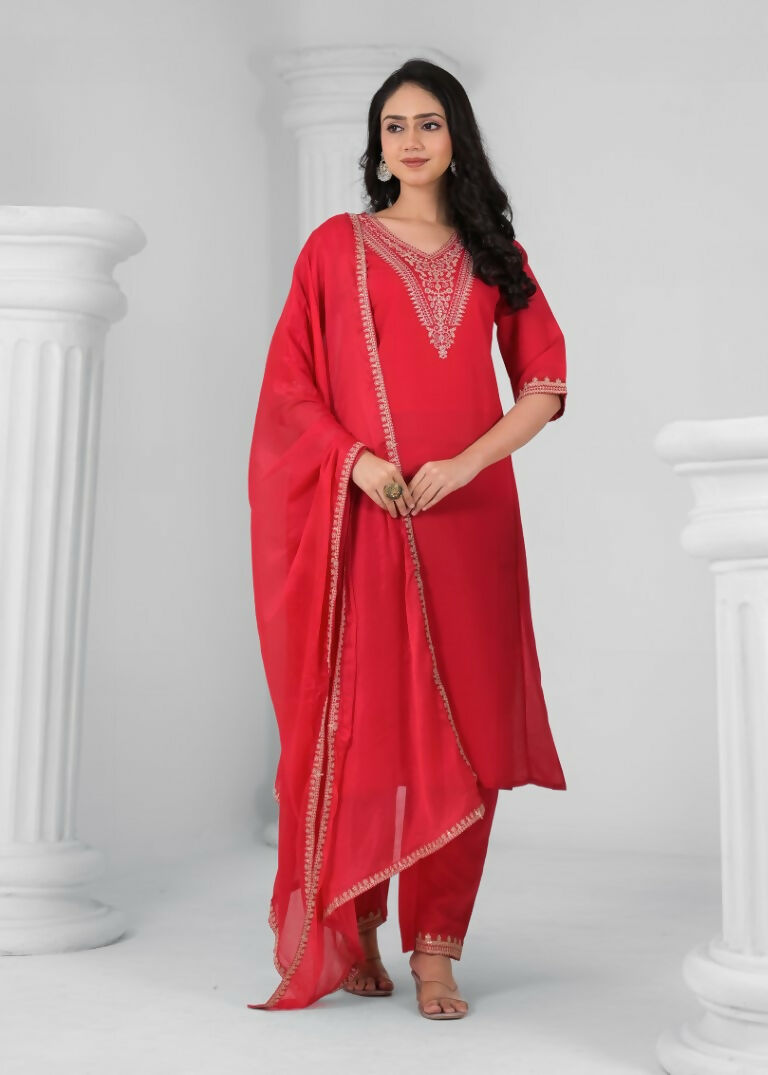 Ethnic Festive Wear Chanderi Viscose Red Stitched Suit With Dupatta - Tanisha