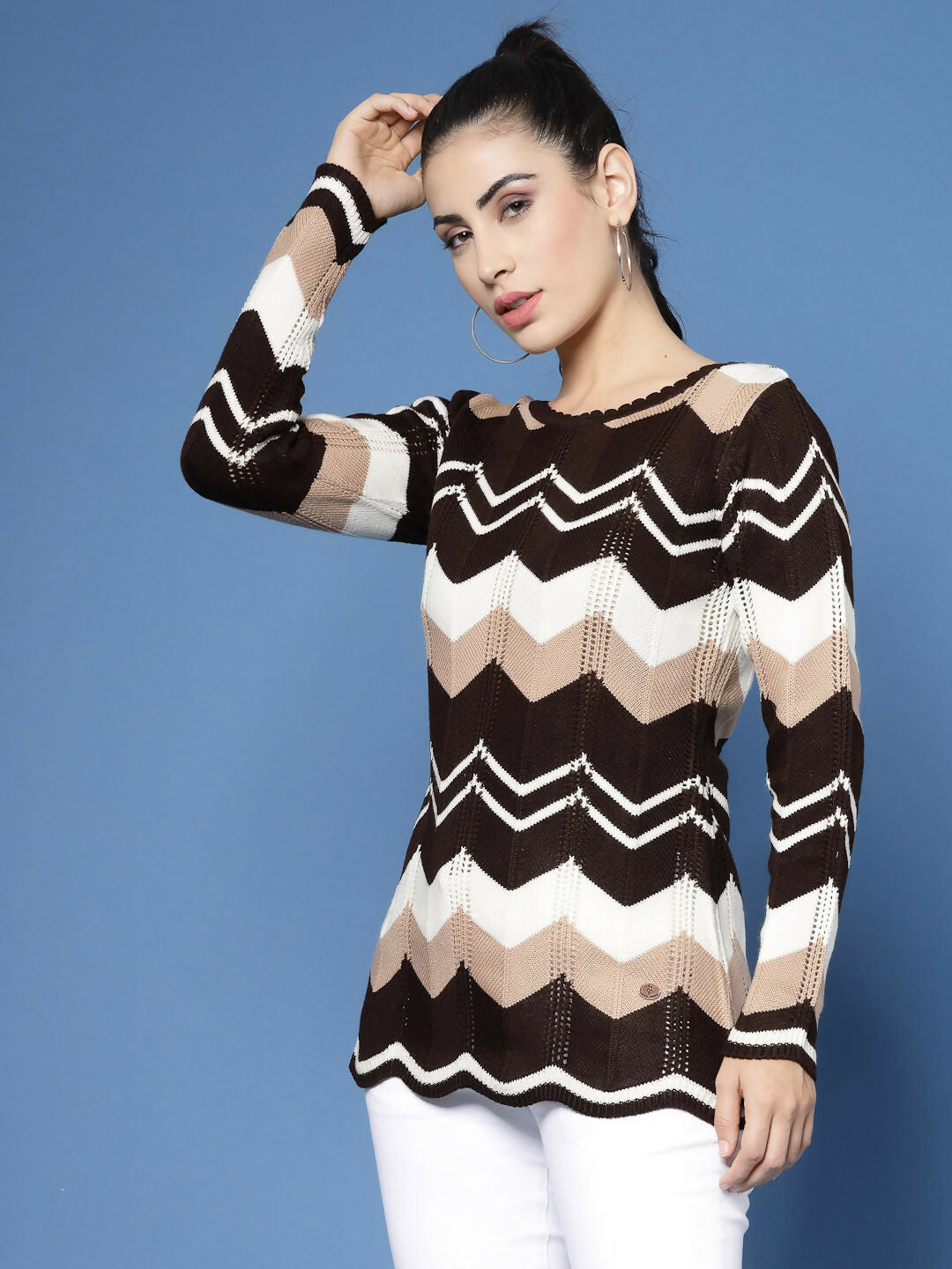 Women Self Design Brown Acrylic Winter Sweater - Wool Trees