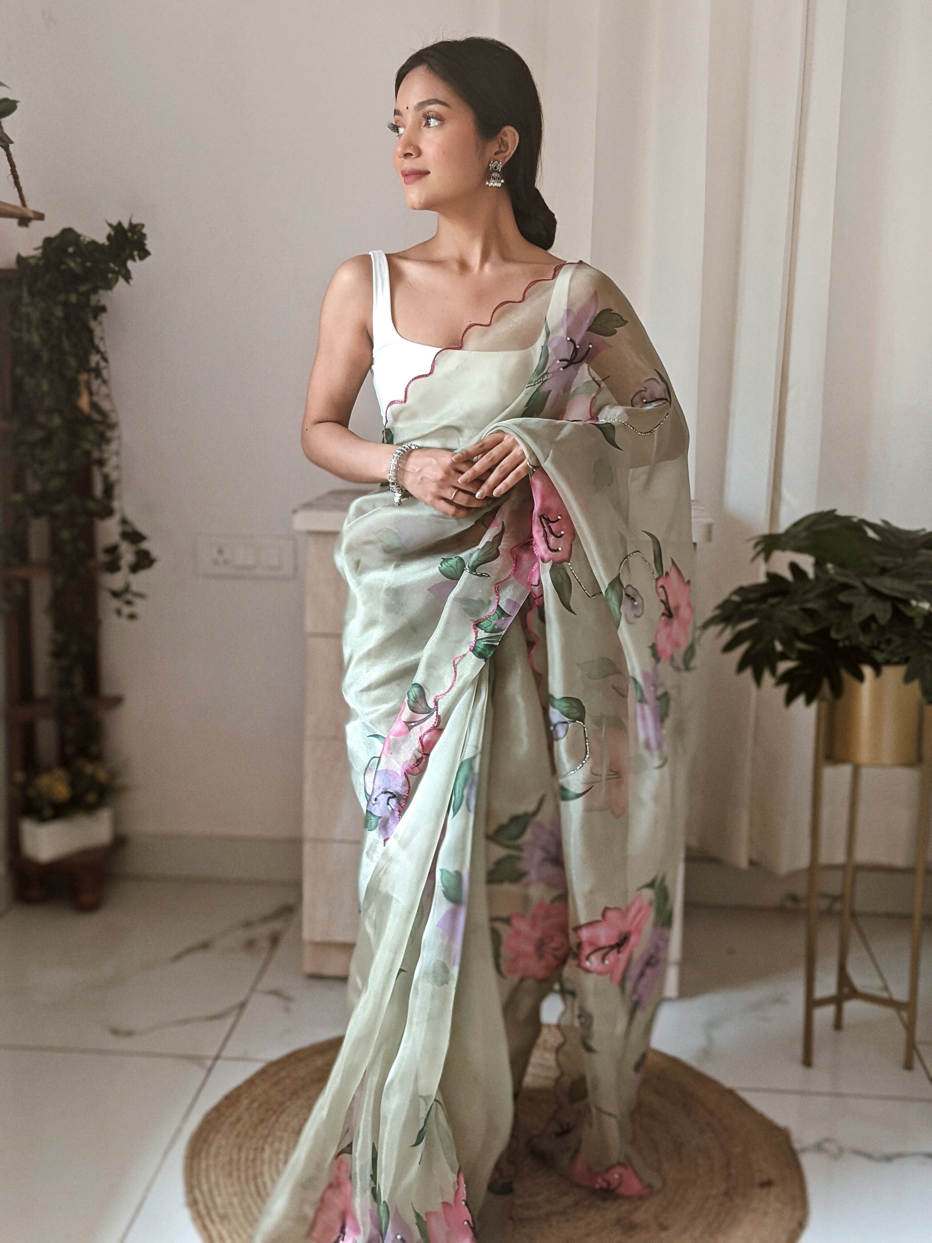 Vamsee Pinki Khatali Green Organza Saree