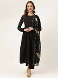 FIORRA Women's Black Poly Crepe Flared Kurta Pant With Dupatta