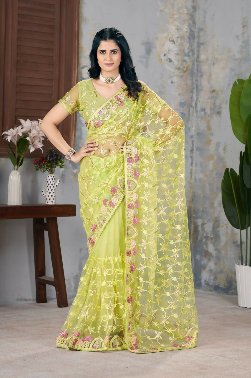 Vastranavya Soft Crush Georgette With Embroidery and Foil Multi Thread Work Saree - Light olive