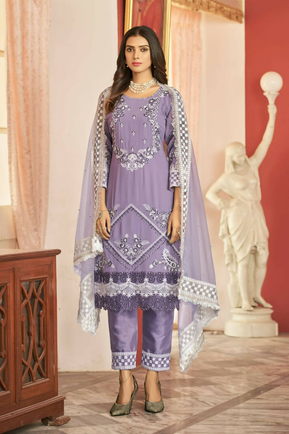 Lavender Heavy Faux Georgette Embroidered Semi Stitched Suit - Dhvani
