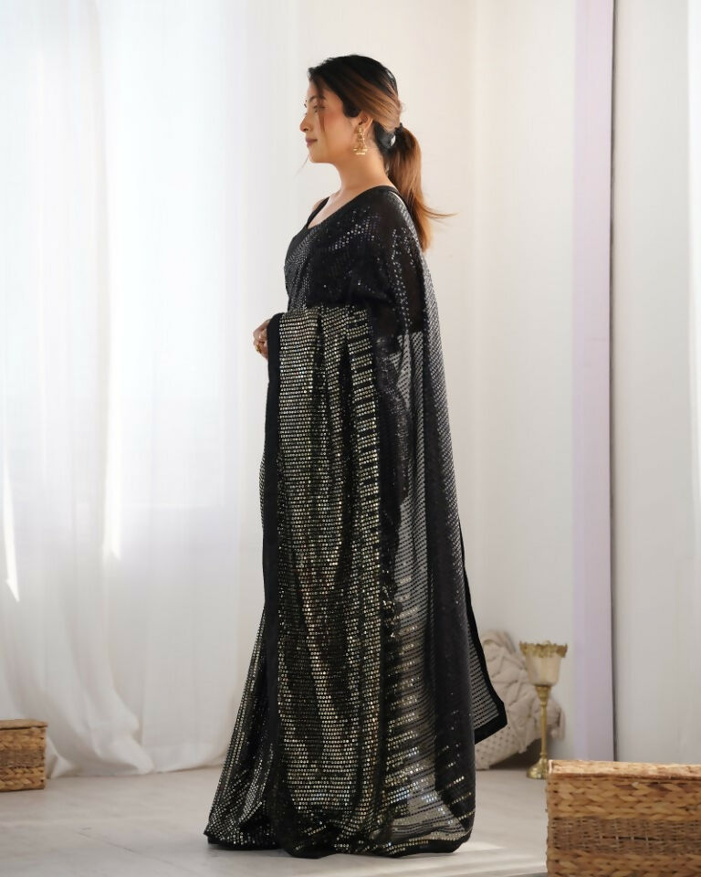 Black Georgette Designer Sequence Embroidery Work Saree - Sitare