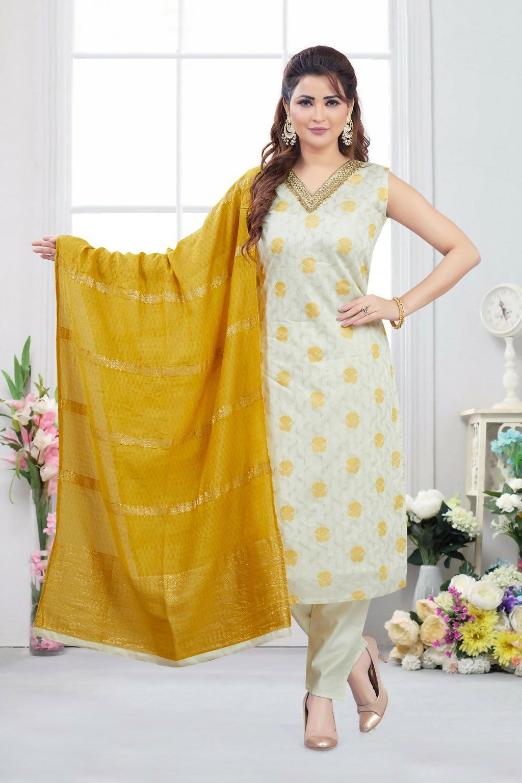Joban Fashion Jacquard Cream Color Kurta Set