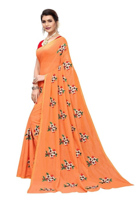 Vamika Chanderi Cotton Embroidery Orange Saree (Mogra Orange)