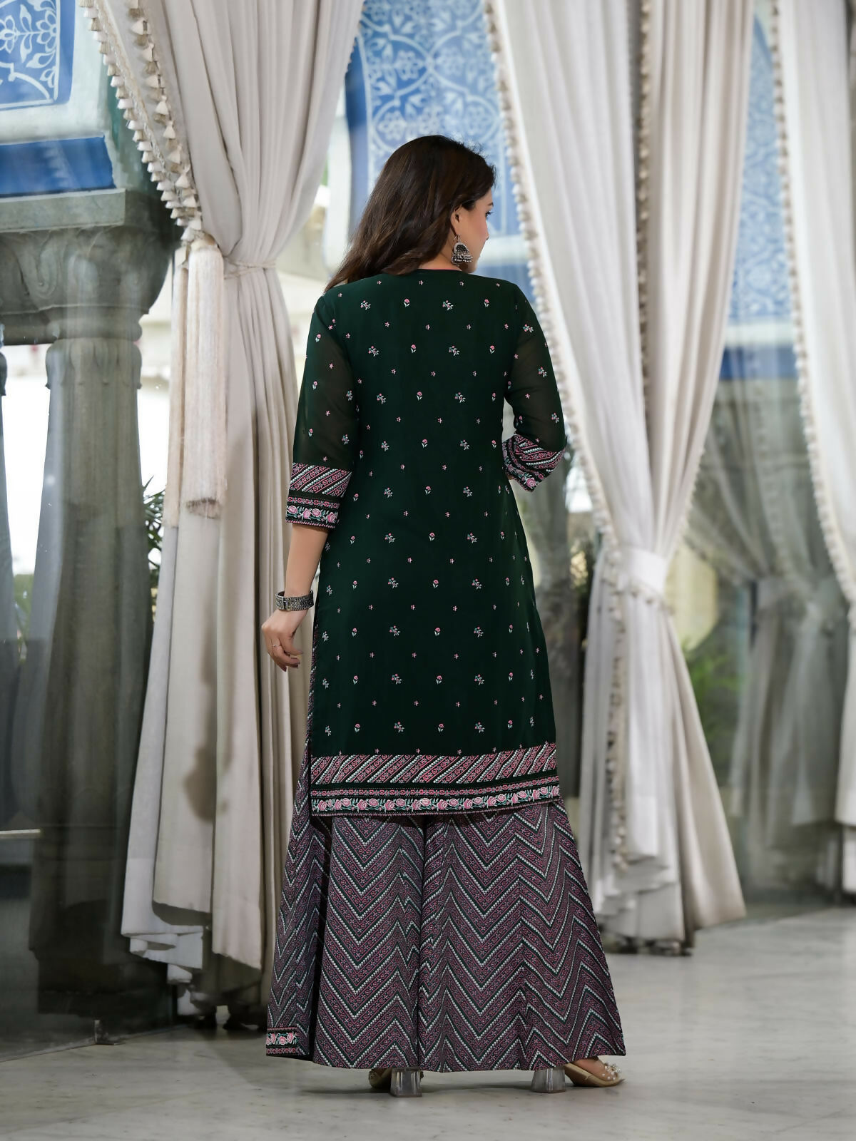 Juniper Women's Green Floral Printed Georgette Kurta Sharara & Dupatta Set With Sequins