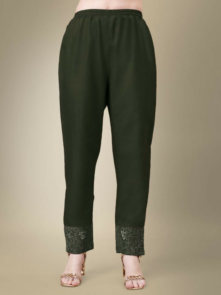 Jyoti Fashion Women's Dark Green Cotton Blend Embroidery & Fancy Lace work Kurta with Trouser & Dupatta