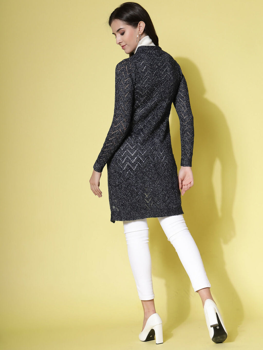 Women Self Design Long Navy Blue Acrylic Winter Shrug - Wool Trees