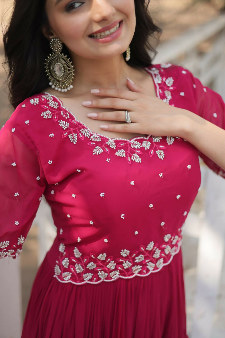Vastranavya Faux Blooming with Beads embroidery-work Gown - Pink
