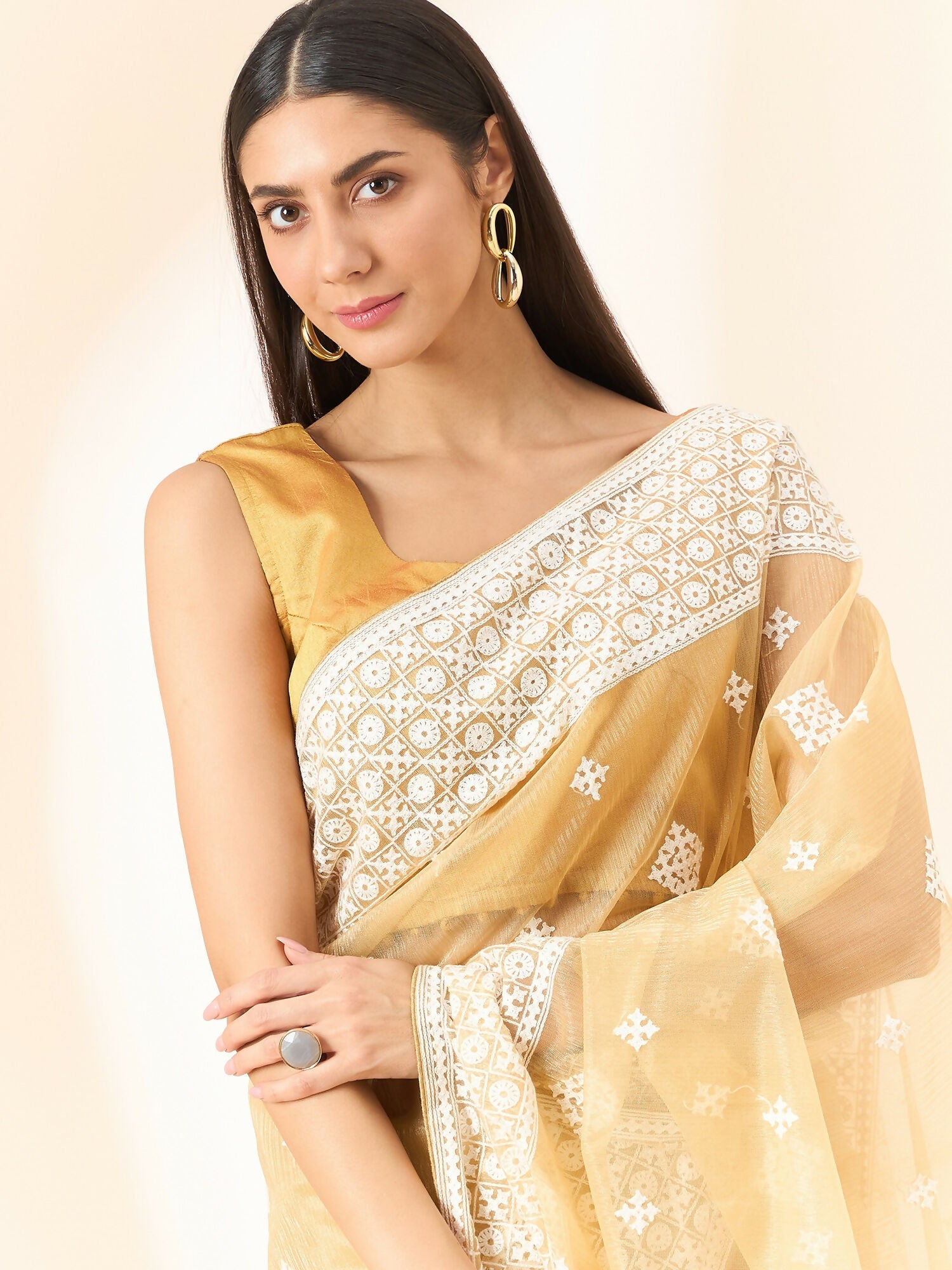 Beige Organza Geometric Embroidered Saree with Unstitched Blouse Piece - Roozal