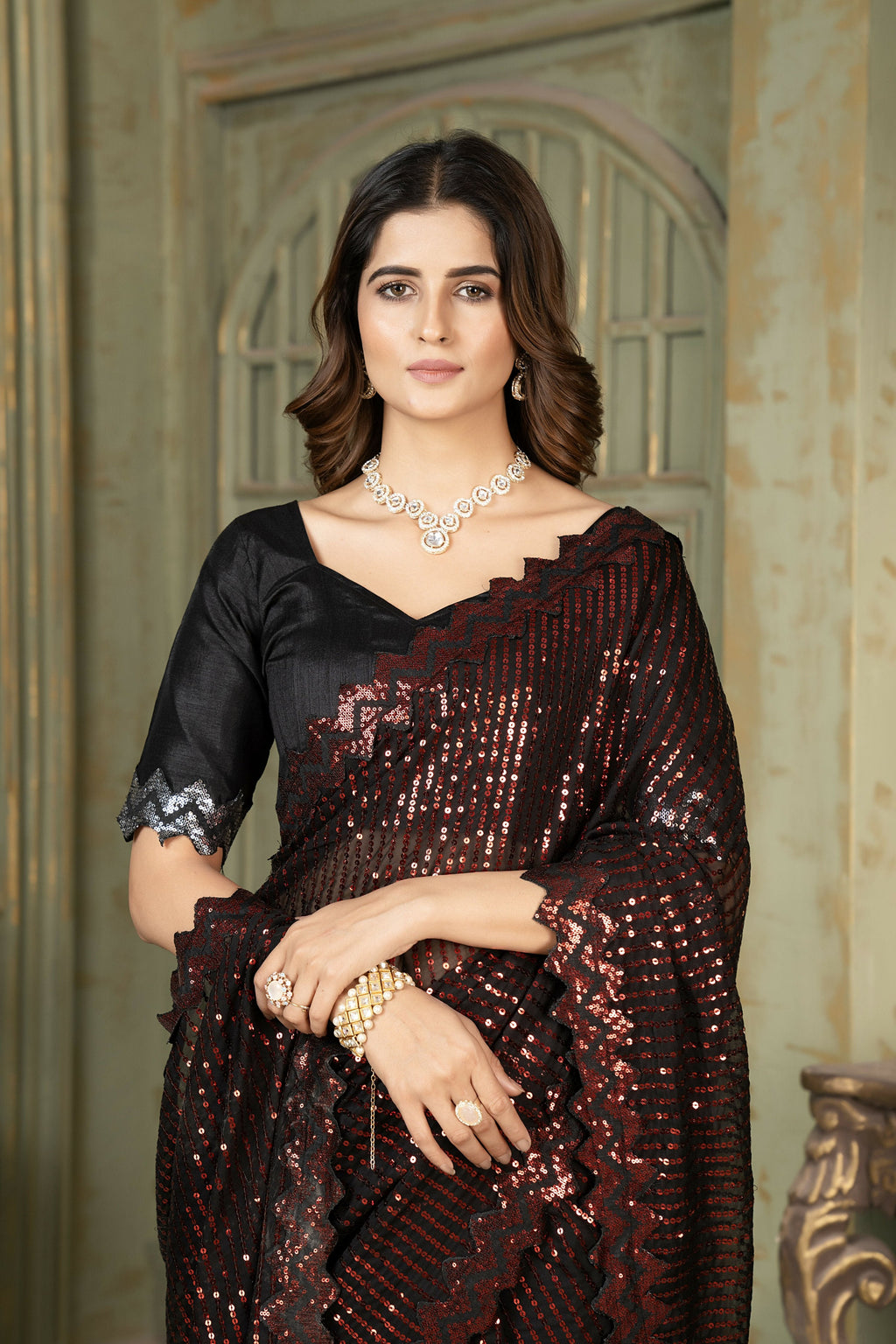 Dishitha Creation Indian Women's Designer Georgette Sequence Saree - Red