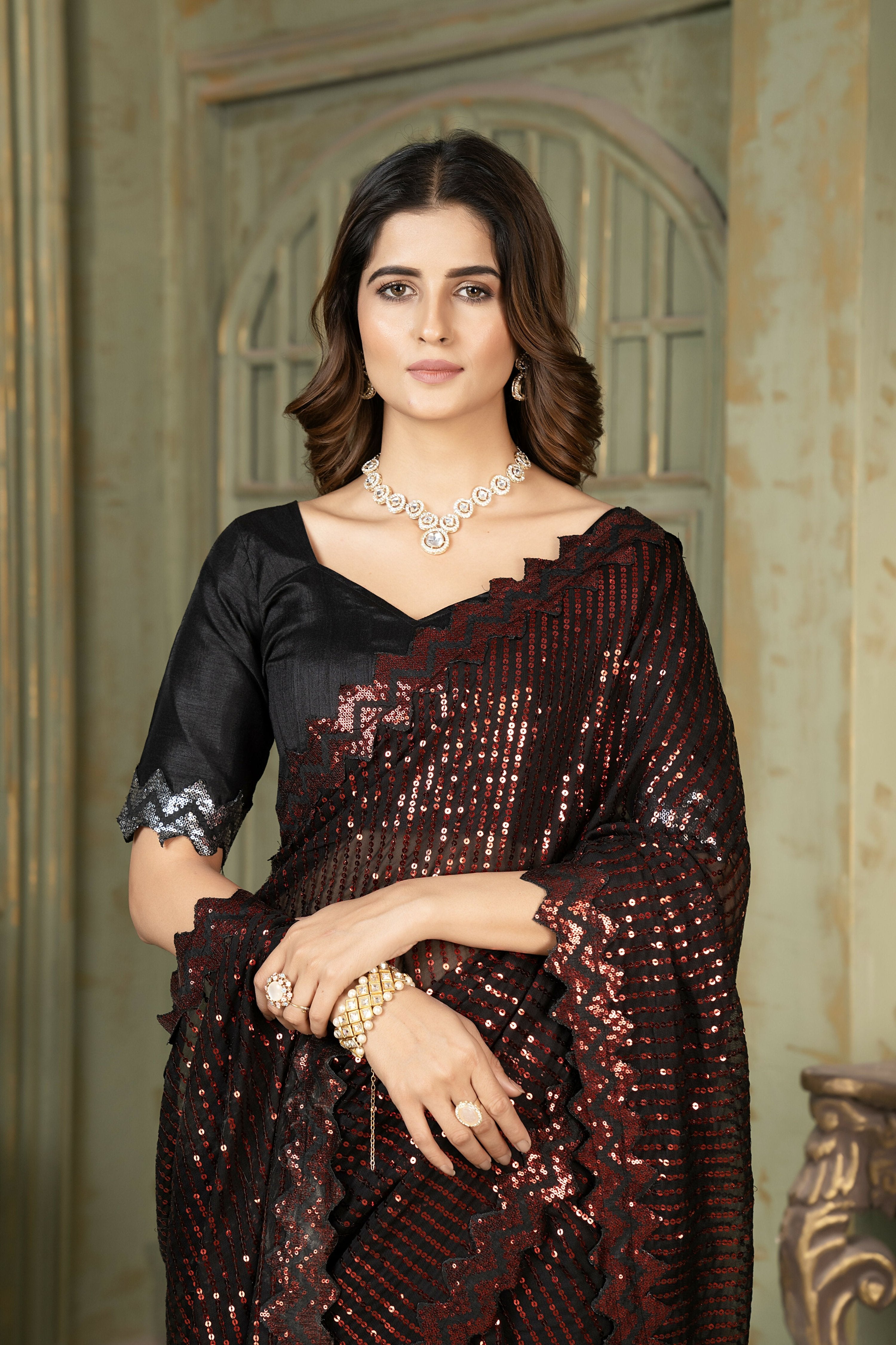 Dishitha Creation Indian Women's Designer Georgette Sequence Saree - Red
