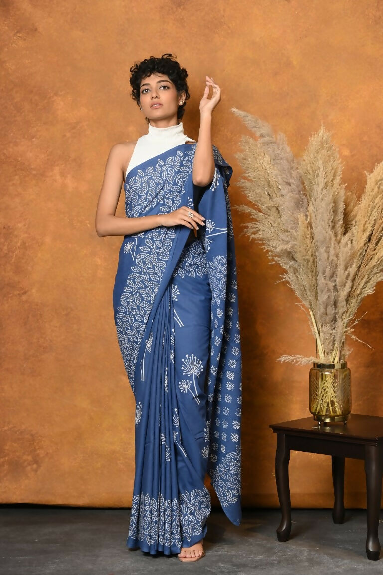 Very Much Indian Handblock Printed Cotton Saree With Natural Dyes - Cyan Blue