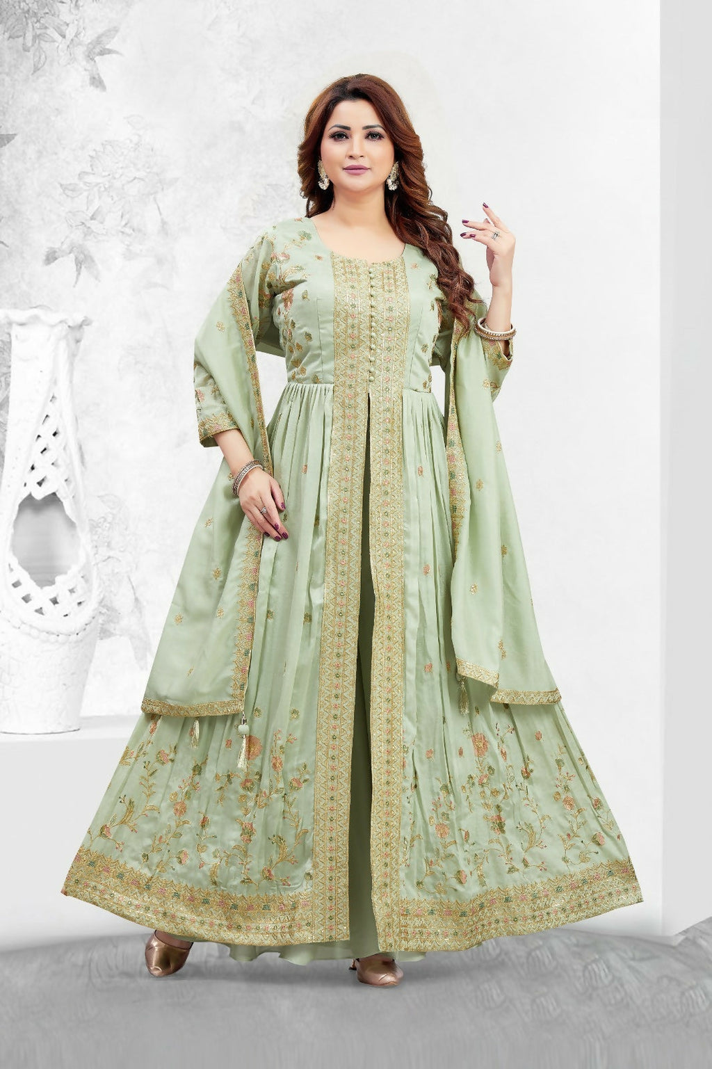 Joban Fashion Muslin Silk Olive Green Color Kurta Set