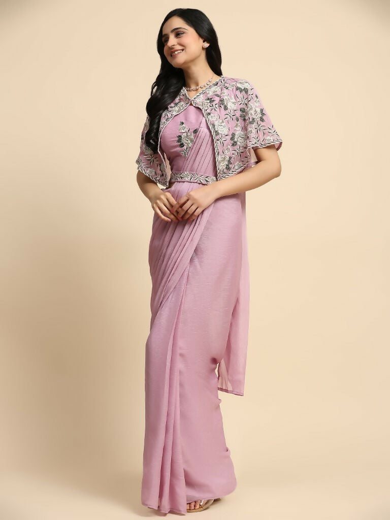 Pink Chiffon Solid Ready to wear Saree with stitched Blouse - Aayan