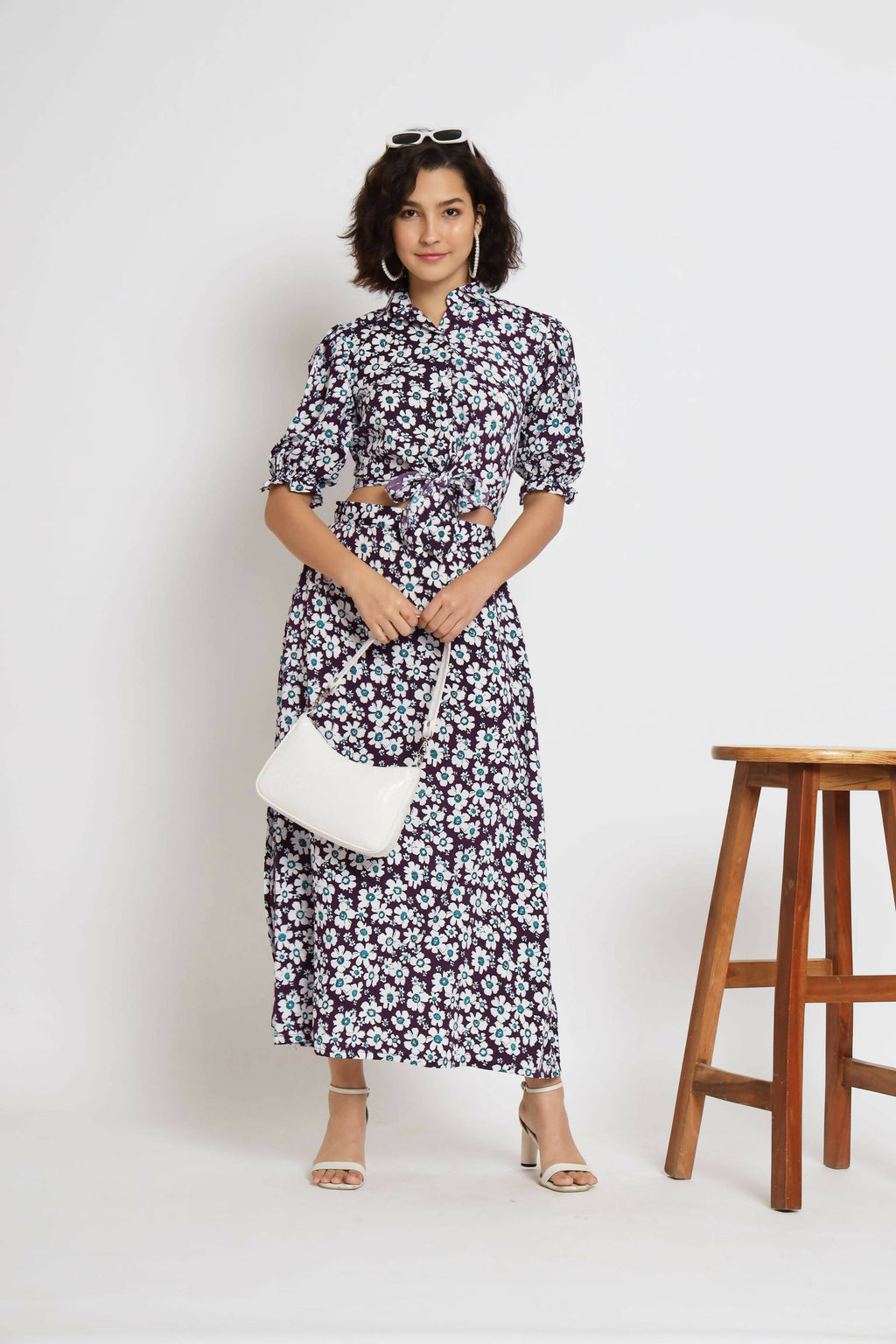 Purple Crepe Floral Printed Top with Matching Skirt - Shivani
