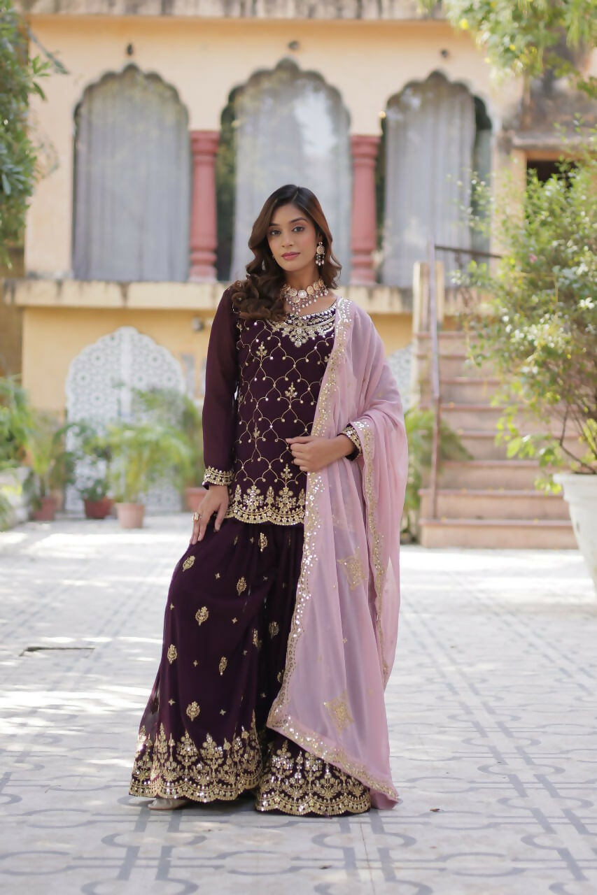 Vastranavya Faux Blooming with Sequins Embroidered Kurti, Palazzo & Dupatta - Maroon