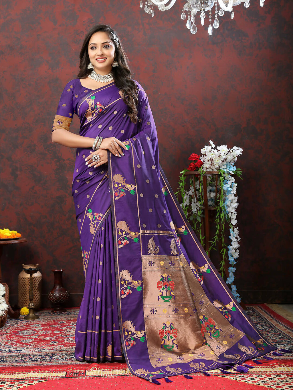 Lorenvalley Fashion Purple Soft Paithani Silk Woven Design Copper Zari Meenakari Weaving Saree