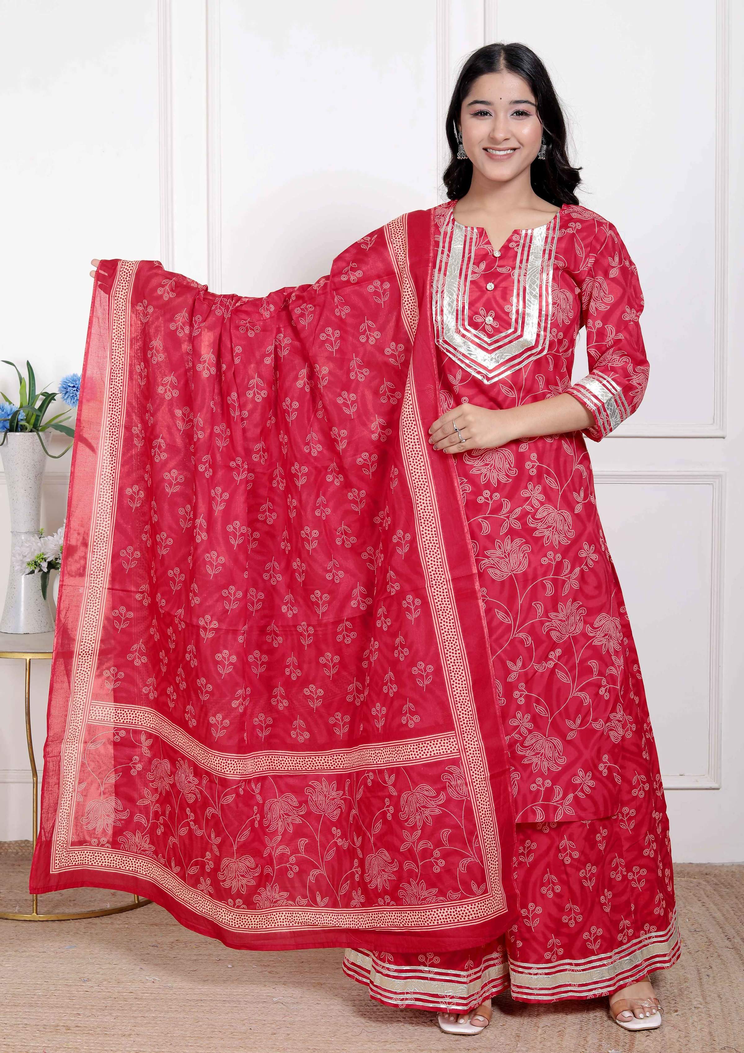 Miravan Red Floral Print Embroidered Cotton Straight Kurta with Palazzo & Dupatta