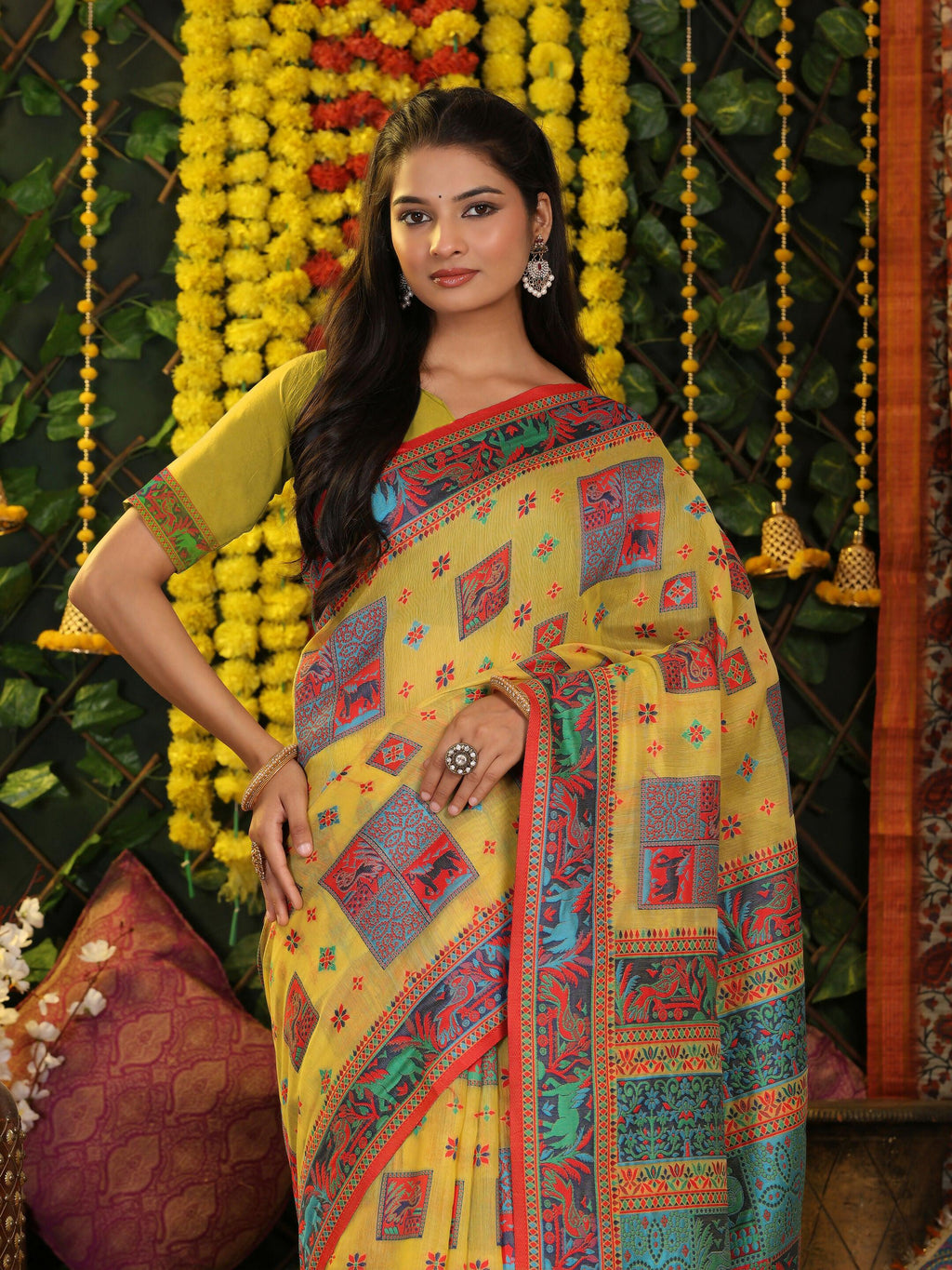 Shree Shyam Fashion Linen Cotton Yellow Saree