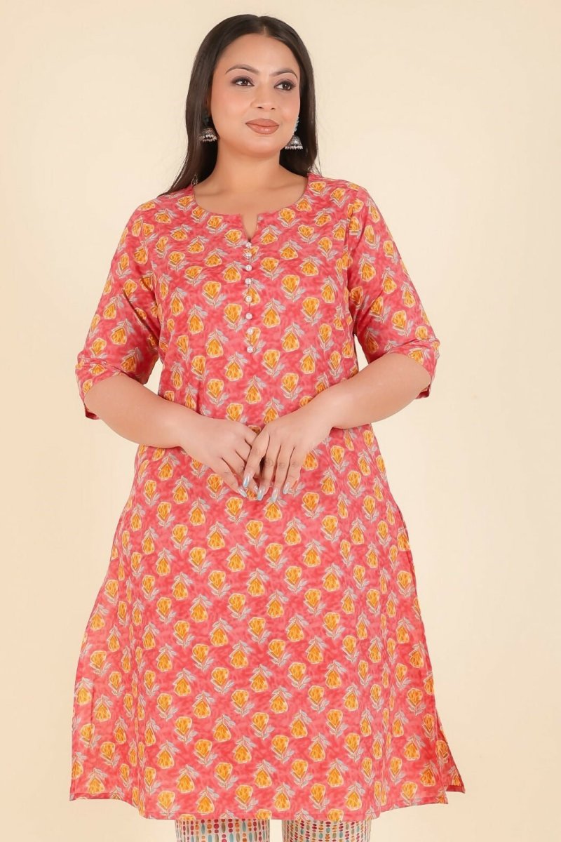 Aramya Peach Soft Cotton Floral A-line Kurta for Women