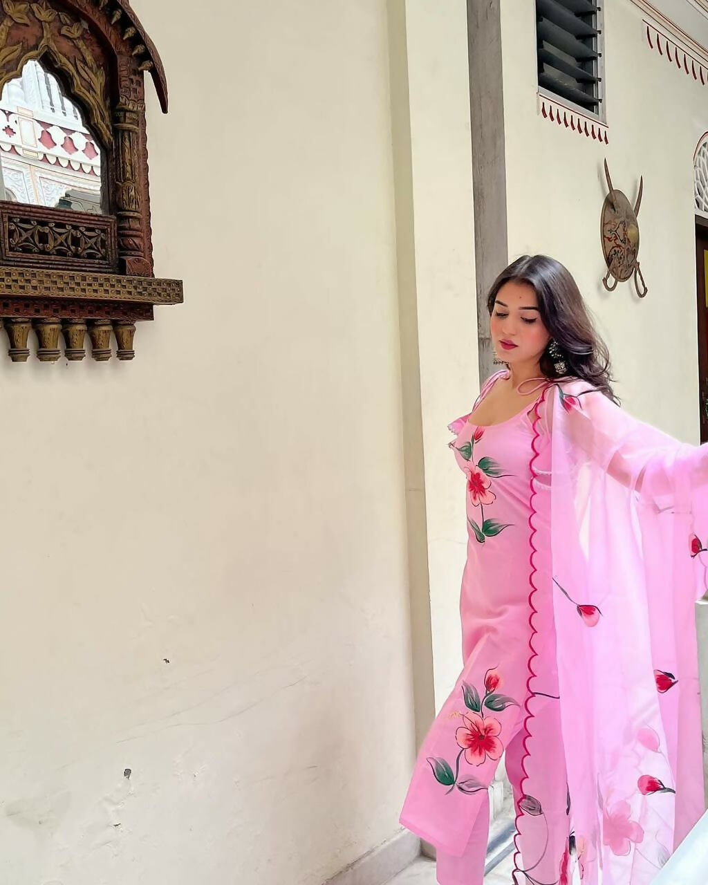 The52 Pink Women's Gorgeous Printed Viscose Fabric Straight Kurta Pant with Dupatta Set