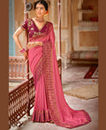 Pink Vichitra Stone Work Saree With Unstitched Blouse Piece - Rosy