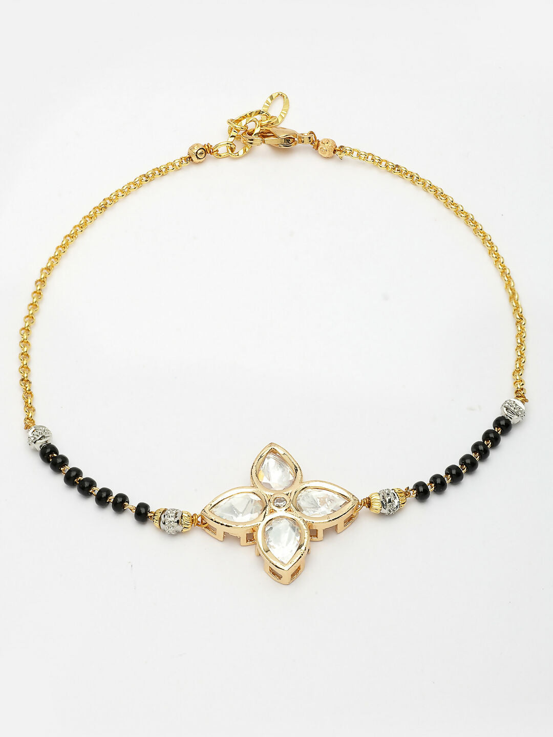 NVR Women Gold-Polished & Black Brass Stone-Studded Hand Mangalsutra Link Bracelet