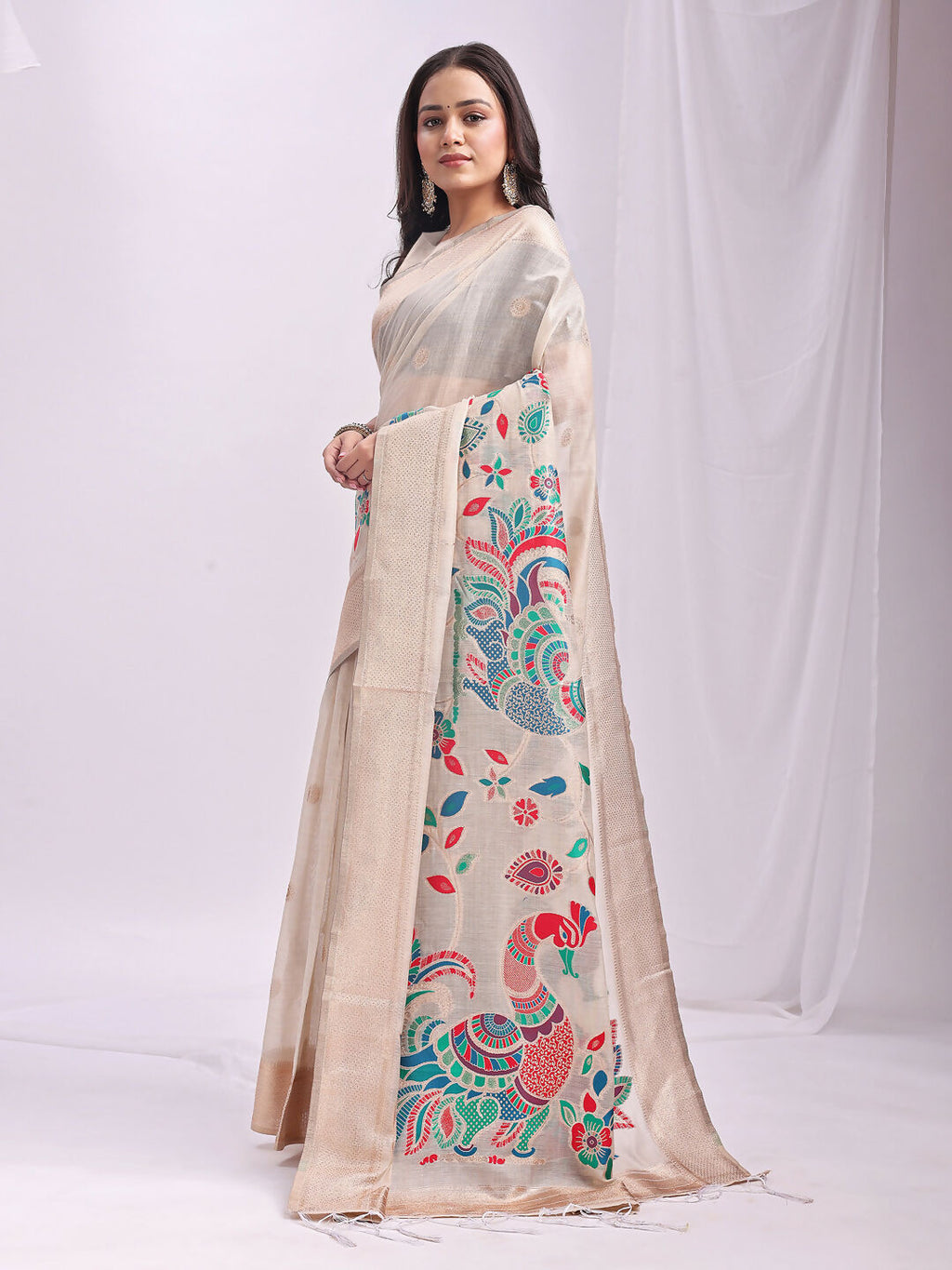Shree Shyam Fashion Linen Cotton Cream Saree
