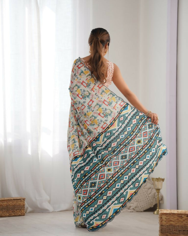 Off White Chinon Designer Digital Printed & Mirror Cut Work Saree - Kriti