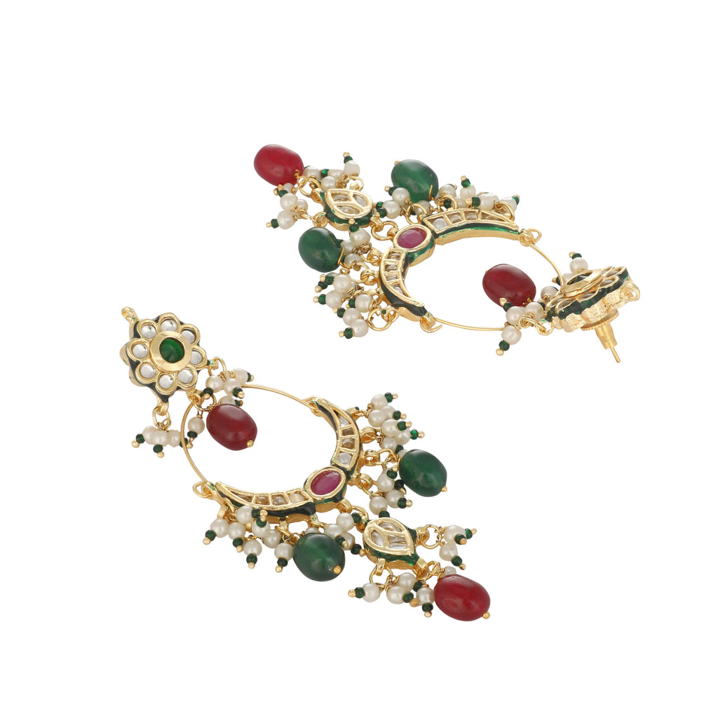 Nuyug 22K Gold Plated Crescent Kundan Drop Red Stone Chandbali Earrings